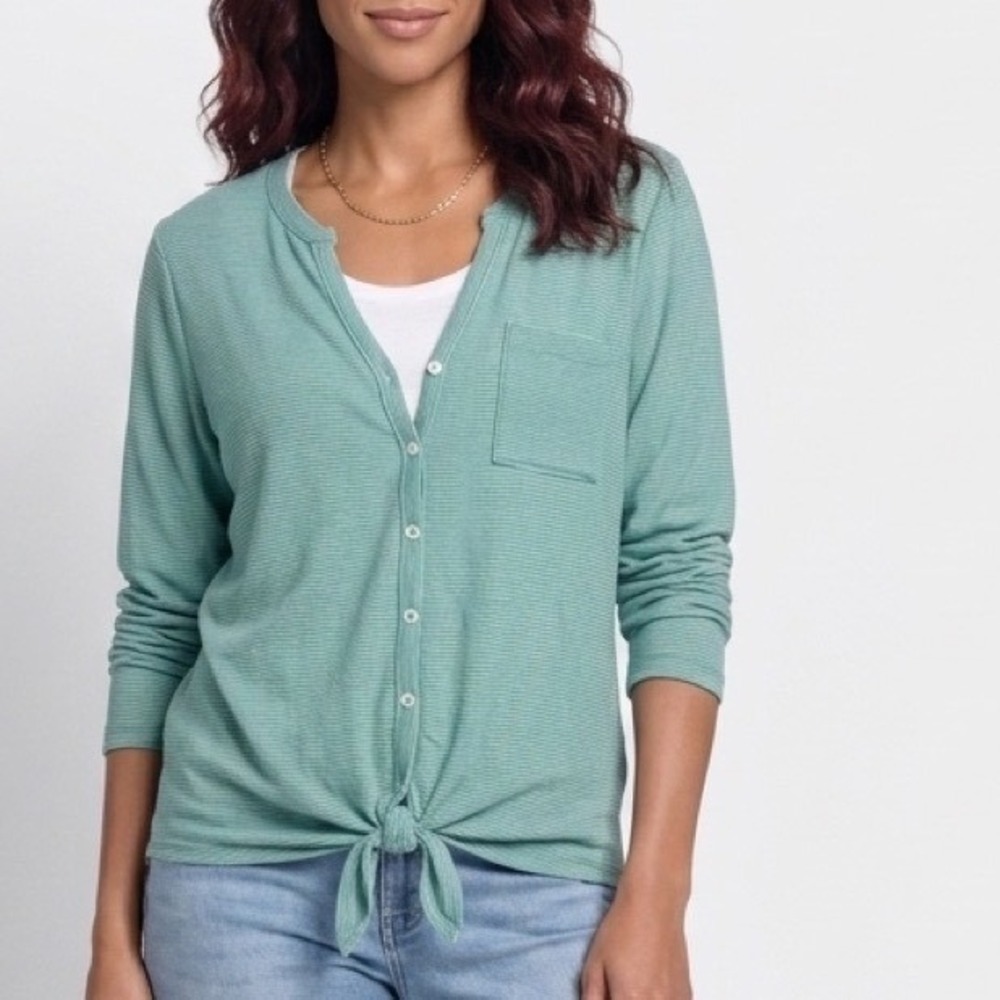 St. John's Bay Button Down Top Women PL Green Striped Tie‎ Front Long Sleeve